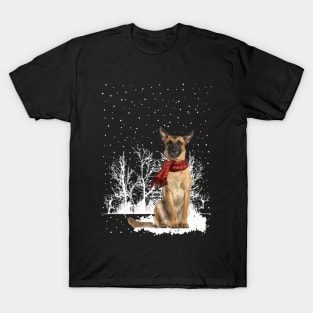 Chistmas Belgian Malinois With Scarf In Winter Forest T-Shirt